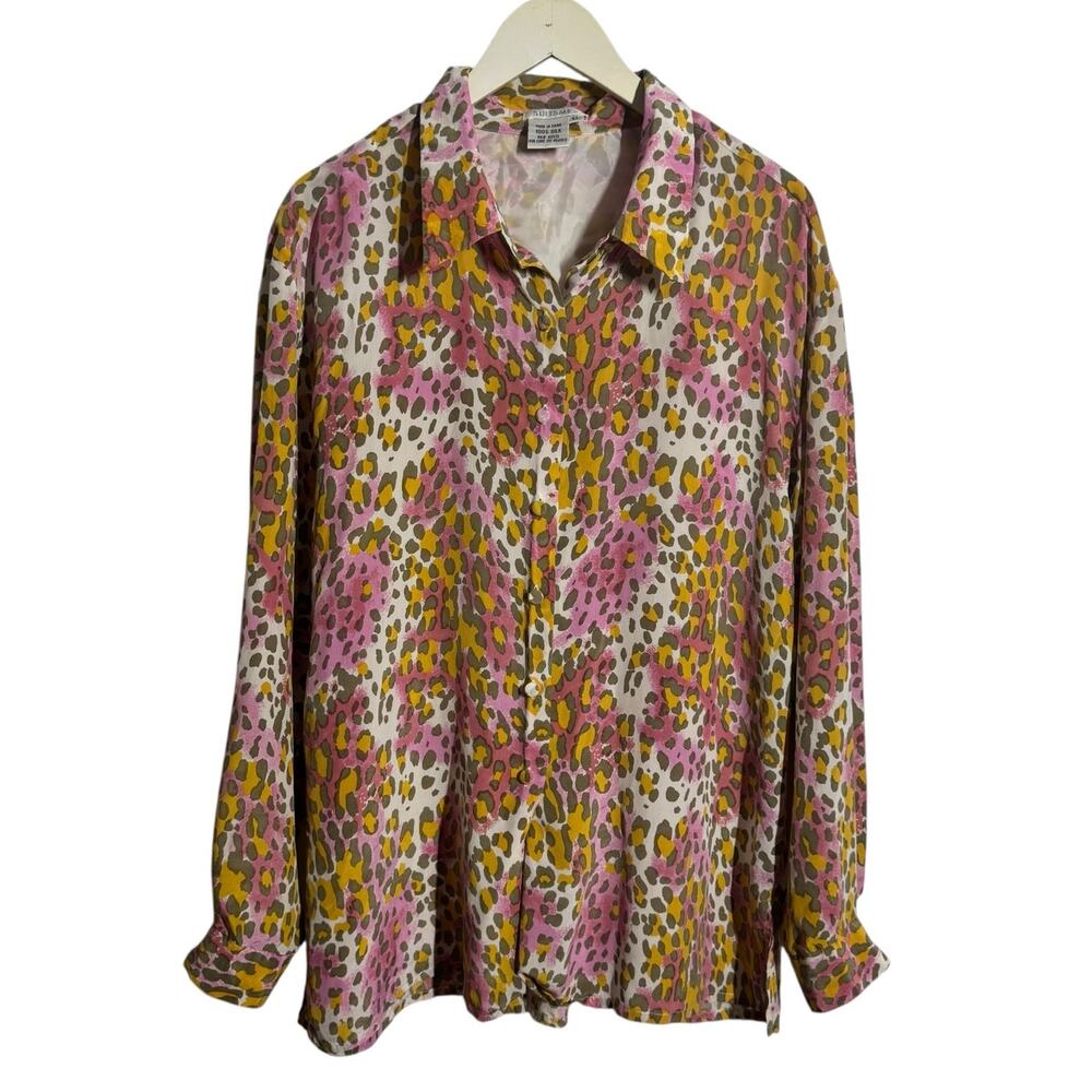 Suitsme‎ Top Women XL Leopard Print 100%Silk Button Up Officecore Career Mobwife